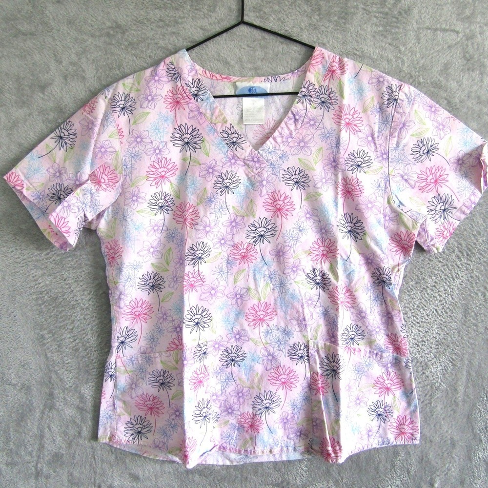 SB Scrubs Womens Small Pink Floral Cotton V-Neck Scrub Top Short Sleeve